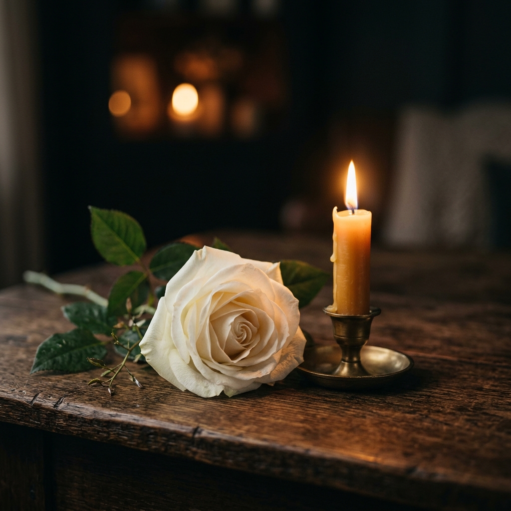 Kerze und Rose als Symbol der Stille und Würde